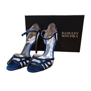 Badgley Mischka Tansy Navy Satin Crystal Open Toe Heels 7 EUC
